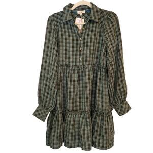 Umgee Plaid Babydoll Dress Size M Blue Button Front Tiered Tunic Rayon Blend